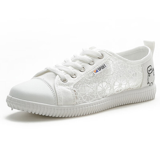 Woodpecker white shoes for women in summer thin casual board shoes hollow breathable mesh women's shoes lace flat sports shoes for women white 38