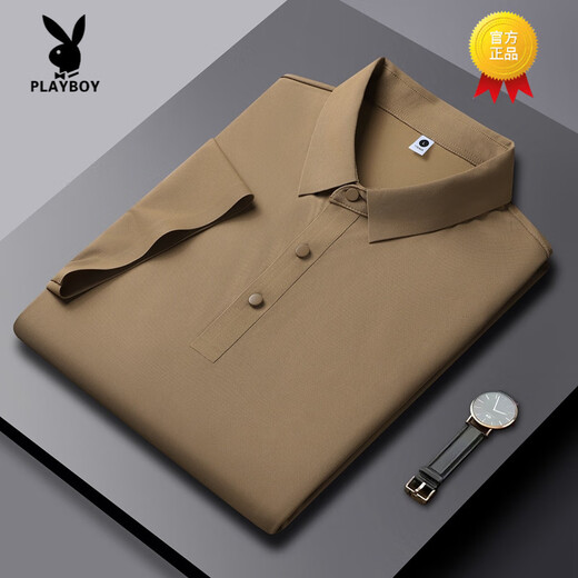 花花公子（PLAYBOY）高端2025夏季新款冰丝短袖T恤男薄款透气半袖POLO衫商务翻领冰丝 PM-12358曜石黑 4XL