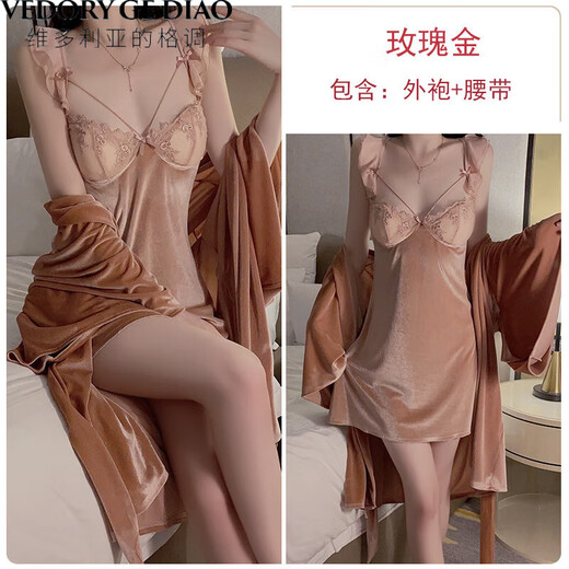 Pajamas sexy de Victoria pour les femmes en 2025 Été nouveau style rassemblé Velvet plus pad mammère séduisant Backless Sling Nightgown avec robe 3879 Taro Purple (robe extérieure + ceinture) L
