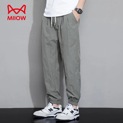 猫人（MiiOW）裤子男夏季薄款冰丝宽松潮牌百搭束脚哈伦速干休闲九分长裤子 灰色+卡其 M