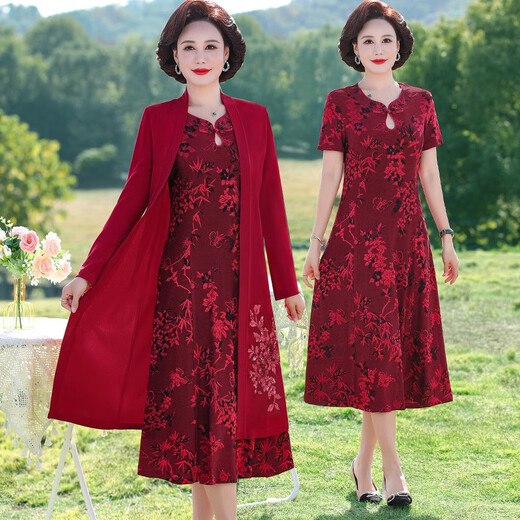 酷章（KUZHANG）喜婆婆婚宴套装妈妈春夏秋连衣裙高贵旗袍裙子新款结婚礼服两件套 9272枣红 两件套连衣裙 M 80-95斤