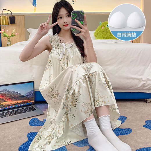 雅鹿吊带睡裙女冰丝绸夏季薄款带胸垫睡衣女士夏天水墨画感家居服 SSM-3888【自带胸垫】 M 【75-100斤】