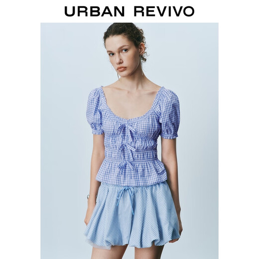 UR2025 summer new women's contrasting color checked multi-lace puff sleeve shirt shirt UYU250067