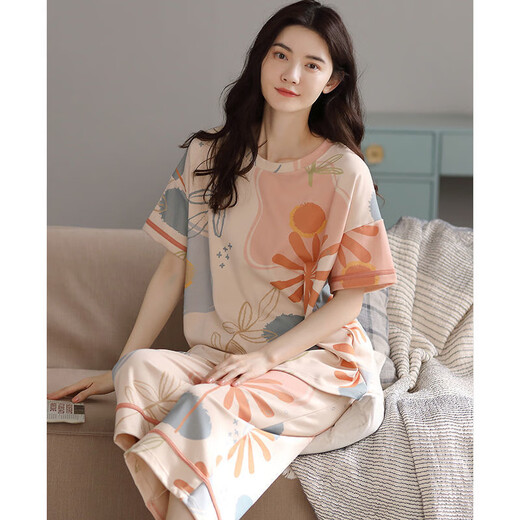 MUJI COM无印良品MUJ同款纯棉短袖七分裤可外穿全棉家居服全棉套装 YZT9855 M __75-95斤