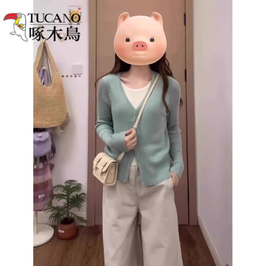 啄木鸟（TUCANO）早春绿色假两件针织衫上衣开衫女2025新款慵懒高级感撞色软糯毛衣 绿色 假两件 S 建议80-95斤