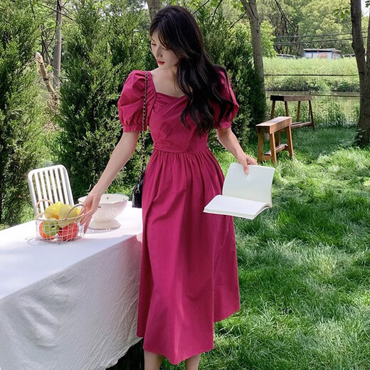 法式复古粉色连衣裙女2025夏季泡泡袖收腰显瘦公主长裙子D1396 玫红色 2XL 【130-145斤】