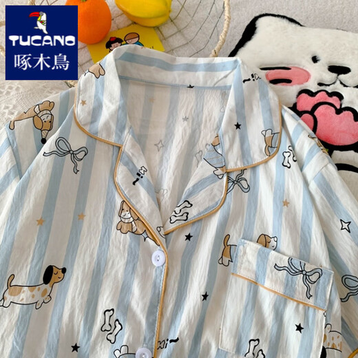 Woodpecker 2025 new pure cotton gauze pajamas for women in summer short-sleeved three-piece set cute style striped dachshund dog home clothes Yunduo Cotton-J9901# Paradise Puppy Three-piece Set M [Suggestion 75-100Jin[Jin equals 0.5 kg]]