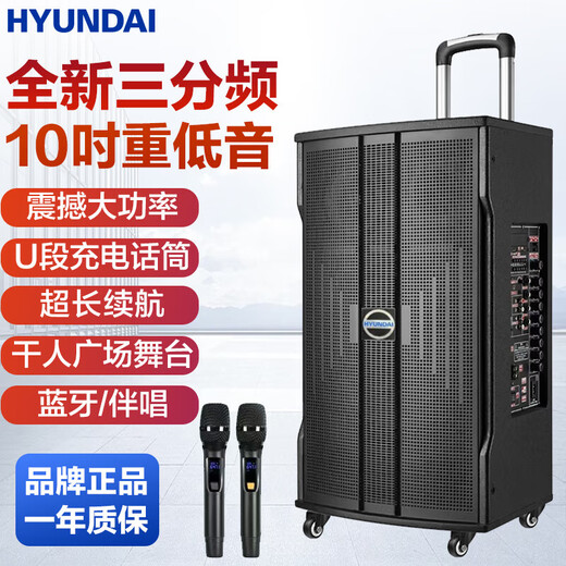 HYUNDAI Korean modern high-power square dance speaker trolley speaker outdoor karaoke high volume mobile Bluetooth stage speaker with microphone performance karaoke dance conference host 10-inch three-way 1600W + double wheat gift package