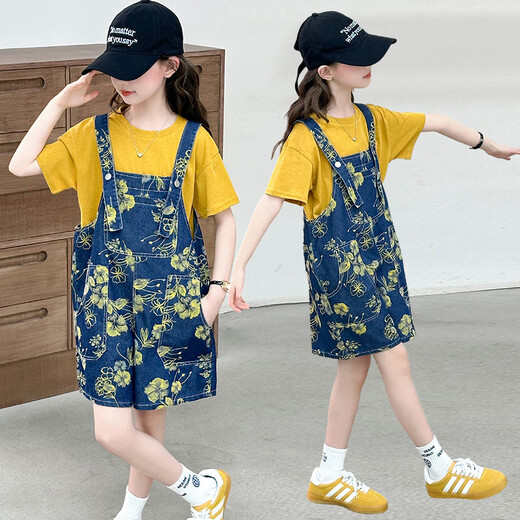Harrow Little Yellow Duck HAL.DUCK Girls Overalls Set Fashionable and Fashionable Summer 2025 New Hong Kong Style Children's Wear Girls Shorts Summer Strap Set 120 cm