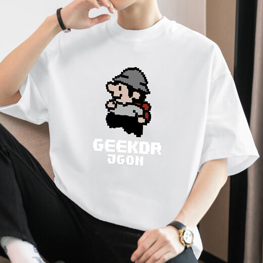 260 g de algodón puro de algodón puro de algodón corto de manga corta para hombres suelto de verano top de cuello de moda píxel estampado m09-693 negros s