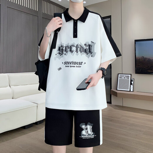 歌古森夏季薄短袖t恤男孩12-16岁青少年初中学生帅气大童潮流休闲套装潮 6629黑色（短袖+短裤） XL 130-145斤左右