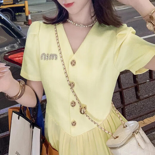 Mujeres 2025 Summer New Style Diseño francés Pequeño Persona que abraza la cintura Slim Princess Vestido D1478 Amarillo XL [120-130Jin [Jin es igual a 0.5 kg]]