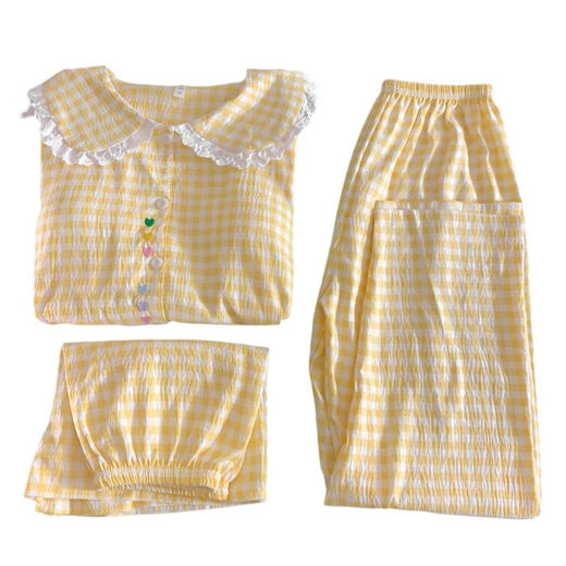 Zoomstar gran tamaño ropa casera para mujeres 2025 nuevo verano a cuadros de manga corta dulce princesa fengyunduo pijama de algodón conjunto de tres piezas H9928 lunares kt gato [estilo de solapa pequeña] m