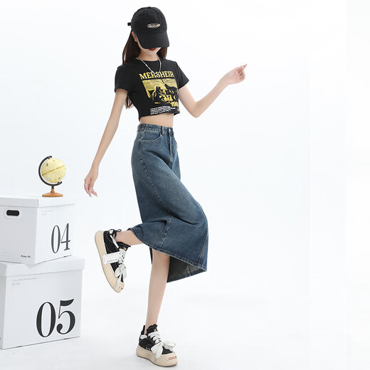真维斯牛仔半身裙女2025夏季新款高腰显瘦开叉a字中长款复古包臀裙子女 3878复古蓝 M