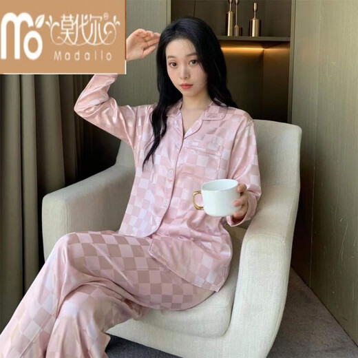 Modal Ice Seide Pyjamas für Frauen im Frühling und Herbst zweiteilig dünne Sommer-Heimkleidung mit 829-weißer Plaid [Langarmhose] M [80-100jin [Jin ist gleich 0,5 kg]]]