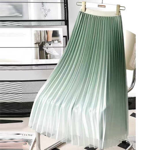 High-end style gradient color skirt mesh pleated skirt for women in summer new high-waist mid-length large long skirt 1365 gradient mesh [Matcha green] Single skirt M Recommended [100-115Jin [Jin equals 0.5 kg]]