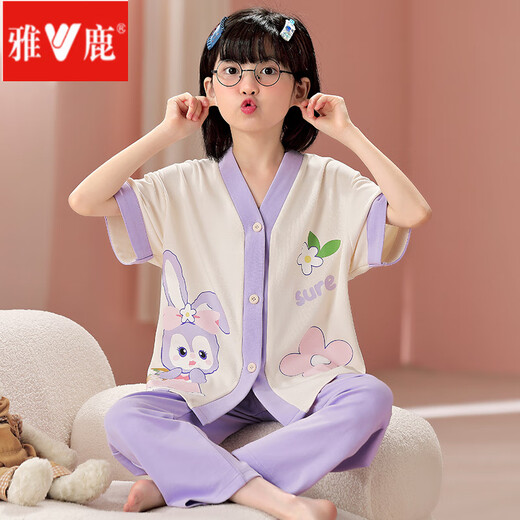 
Yalu children's pajamas girls summer cotton short-sleeved trousers thin spring and autumn girls cartoon medium-sized children's home clothes set Lively pig-1283 cotton girl 170 size 8 (height 95-105CM)