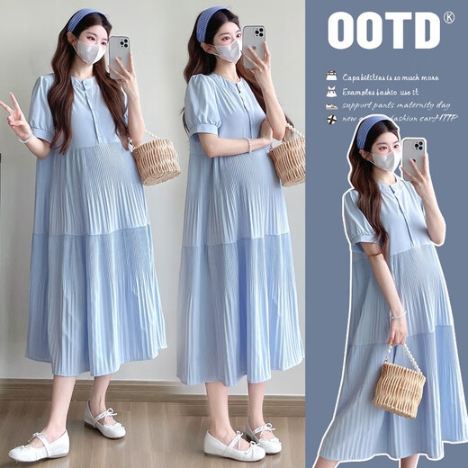 
Planaling pregnant women's dress Spring and Autumn Fashion French loose slimming pleated shirt skirt Autumn versatile belly-covering pregnant women's skirt Blue long sleeves L[100-120Jin[Jin equals 0.5 kg]]