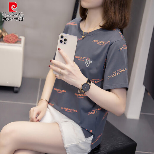 皮尔卡丹胖mm遮肚子百搭纯棉短袖t恤女2025夏装新款200斤宽松显瘦休闲上衣 6627蓝色 M 80-95斤