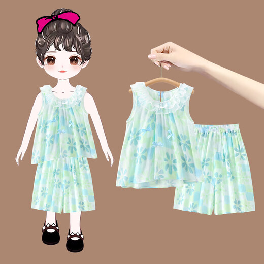 Snoopy Girls Summer Set 2025 New Medium Large Children Thin Doll Collar Summer Kids Fashionable Wide Leg Pants Two-Piece Set Green 105 Recommended Height 91-105cm
