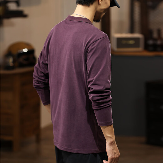JEEP SPIRIT American classic Henry collar pure cotton long-sleeved T-shirt men's 2025 autumn casual sweatshirt men's loose bottoming shirt top purple XL