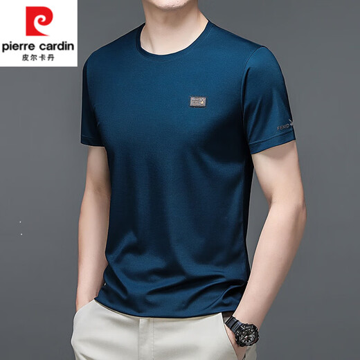 Pierre Cardin Herren Mulberry Seidenrunde Hals kurzärmeliges T-Shirt 2025 Sommerminderfarb halbärmelig oberen oberen losen trendigen Sweatshirt-T-Shirt 13807 Schwarz XL 115/52