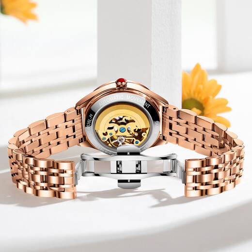 Olevs Mechanical Watch Женские полые полностью автоматические механические часы Водонепроницаемые и светящиеся женские часы с бриллиантовыми праздничными подарками [сердечный подарочный подарок] B6636SK Стальный ремень Rose 6 33 мм Диаметр циферблата:
