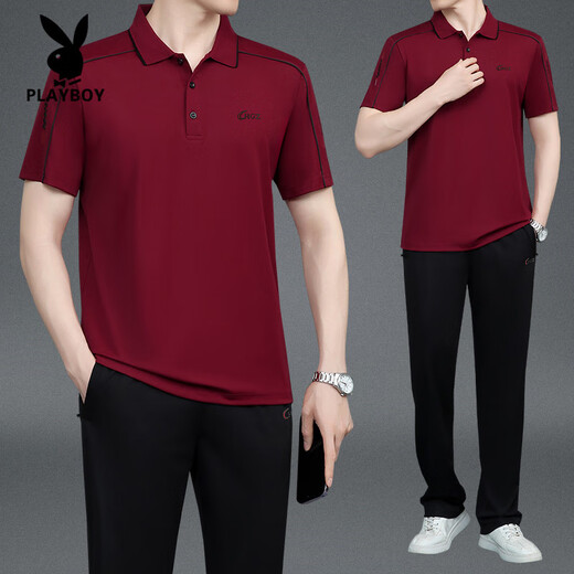 Playboy (Playboy) Sommer neuer Stil mittleren Alters mittleren Alters und älteren Männer Vaters Revers kurzärmeligte Baumwoll-T-Shirt-Hose des Sportanzugs ICE Seidenstil 753 Dunkelblau L empfehlen 100 Jin [Jin gleich 0,5 kg] ------- 120 Jin [Jin gleich 0,5 kg] T-Shirt + T-Shirt + T-Shirt + + + T-Shirt + +