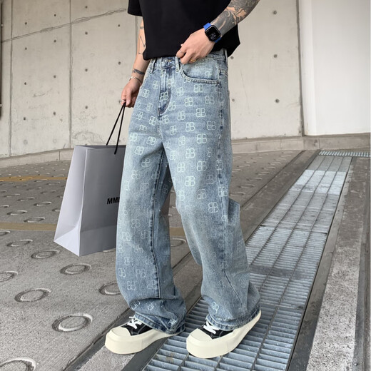 依零依蓓新款夏季潮牌男士阔腿牛仔裤水洗大码长裤 黑色1396-1 S