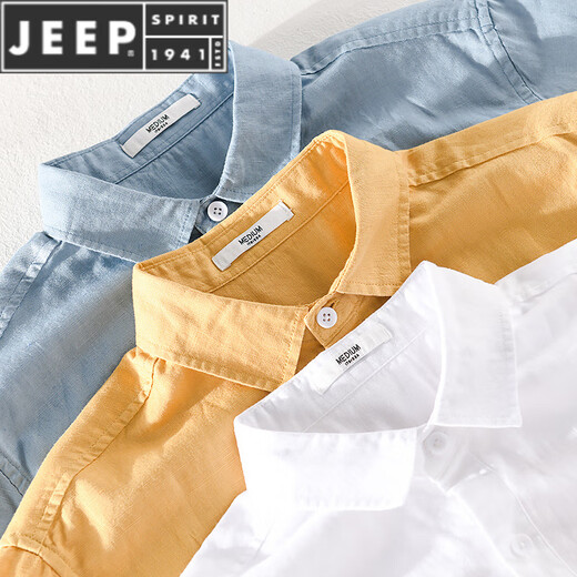 JEEP SPIRIT男士亚麻翻领短袖t恤宽松衬衫领上衣服有带领T棉麻料体恤麻布夏装 yunyi-9711蓝色 M