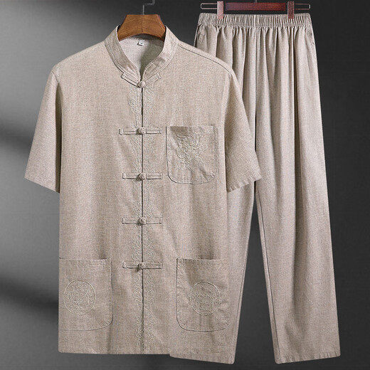 HAWIT Old Man Linen Mangas cortas Conjunto de espigas de hombre para hombres para el traje de mediana edad y ancianos del padre de verano Casual delgada abuelo Traje gris claro [Top + Pants] S 3895-110Jin [Jin equivale a 0.5 kg]