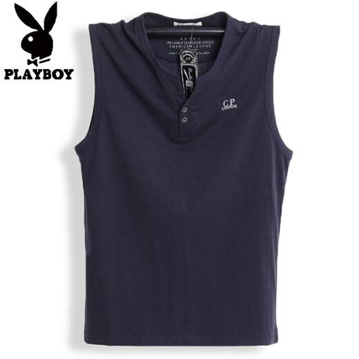 Playboy Henry Collar Pure Cotton Thin Summer V-Neck Vest Men's Broad Shoulders Plus Fat Extra Large Loose Shoulder Sweatshirt Fat Man Sleeveless T-Shirt Navy V 4XL Recommended 205-225Jin Jin is equal to 0.5 kg