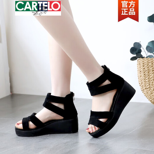 卡帝乐鳄鱼（CARTELO）夏季百搭凉鞋女坡跟镂空罗马鞋防滑厚底鱼嘴鞋女中高跟透气凉靴子 黑色 34