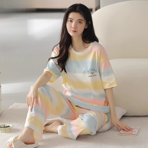 猫人（MiiOW）睡衣女夏季纯棉短袖长裤2025新款夏天女款风家居服套装 NJR-9712 M [建议80-100斤穿]