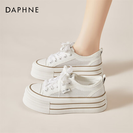 达芙妮（DAPHNE）帆布鞋女夏季网鞋网面透气小白鞋2025新款厚底百搭休闲板鞋 米色【跟高4.5CM】 35