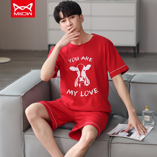
Catman (MiiOW) men's pajamas summer pure cotton thin round neck short sleeves youth loose casual simple striped shorts home clothing FA#6627 L Recommended 100-125 Jin [Jin equals 0.5 kg]
