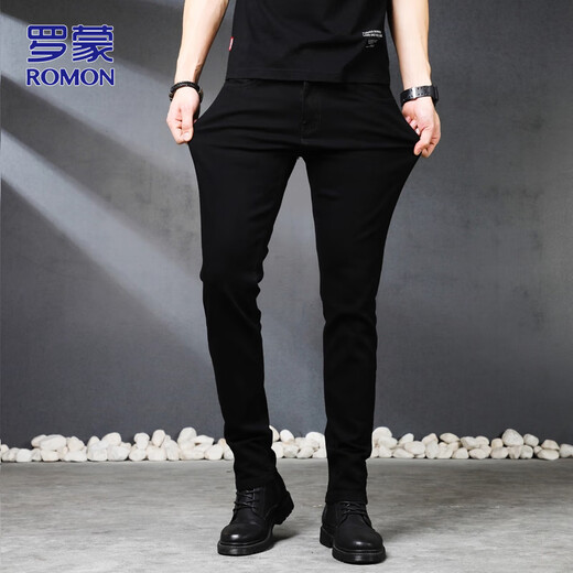 ROMON Jeans Men's Autumn and Winter Business Casual Straight Pants Men's Stretch Slim Pants Black 33