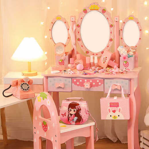 Yunya Kinderhölzerner Schminktisch Simulierte Mädchen spielen Haus Spielzeug Mädchen Prinzessin Haus Kindertages Geburtstagsgeschenk vergrößert drei Spiegel 96 cm+ Schmuck (mit Stuhl) 3-6 Jahre alt 7 kleine Mädchen Mädchen Kindertag Geschenk