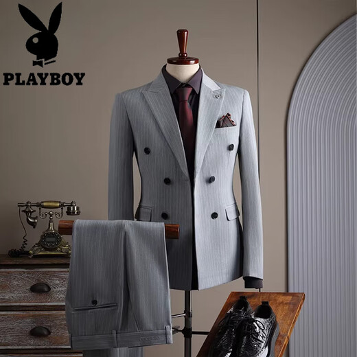 Playboy 2025 Winter New White Suit Suit Men's Business Formal Fit Stripe Suit Wedding Engagement Dress Morning Mist Gray Three-piece Suit 4XL 58