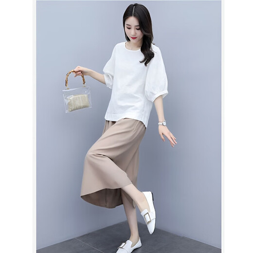 Hengyuanxiang cotton and linen dress for women loose 2025 summer new product casual age-reducing two-piece set temperament linen fashion suit white top + beige skirt S [80-105Jin[Jin equals 0.5 kg]]