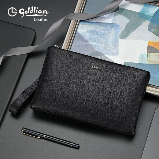 GOLDLION G+金利来信封包男商务新款真皮手包手拿包简约头层牛皮大容量男包零 黑色