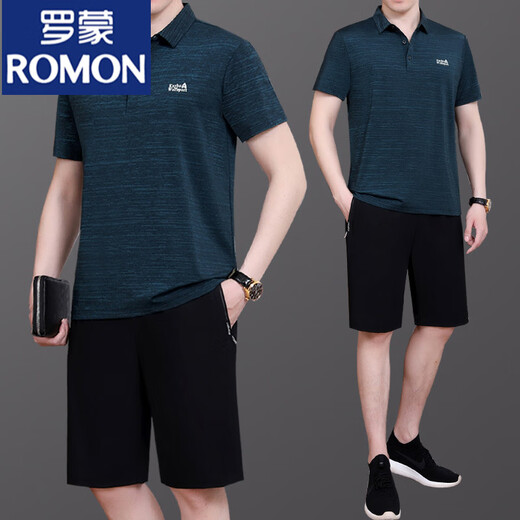 罗蒙（ROMON）爸爸夏装冰丝运动套装男2025新款中老年短袖t恤父亲夏天速干衣服 723墨绿【短袖+短裤】 L