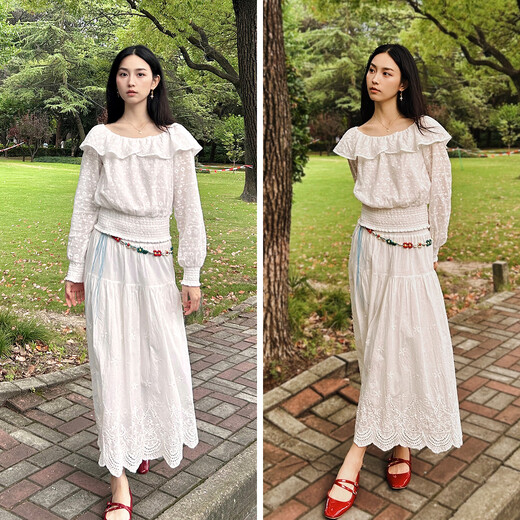 
Semir long-sleeved shirt for women short white embroidered romantic autumn 2025 ruffle one-shoulder shirt 107625105003