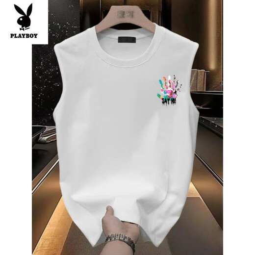 
Playboy (PLAYBOY) summer pure cotton loose large size vest men's trendy sweatshirt white [large picture of front left and back of vest K838 SAYHI S recommended 70-80Jin [Jin equals 0.5 kg]