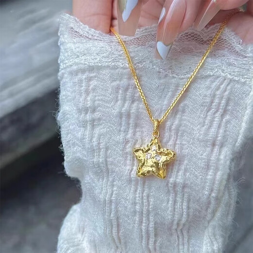 CAOX pure gold 999 five-pointed star necklace for women ancient hammer pattern meteorite star pendant gold national trend clavicle chain gift hammer pattern star pendant light style