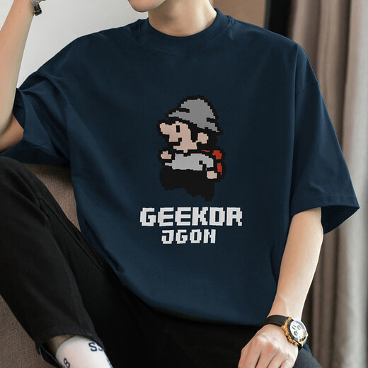 260 g de algodón puro de algodón puro de algodón corto de manga corta para hombres suelto de verano top de cuello de moda píxel estampado m09-693 negros s