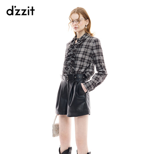 DZZIT【刘浩存同款】地素衬衫2025秋季复古荷叶边格纹上衣女3J3D5153F 深灰色 M