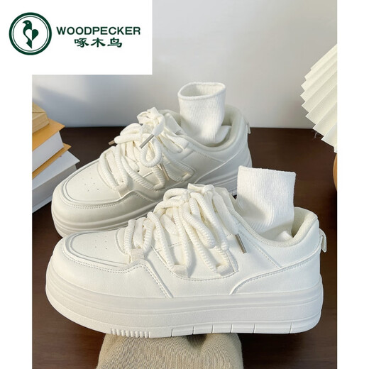 啄木鸟百搭松糕小白鞋女春夏季小众厚底板鞋2025新款增高休闲运动鞋 米白色 35