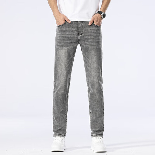 New Balance High-end Jeans Men's Summer Thin Slim Elastic Straight-Legging Pants Middle-aged Men's All-match Washed Pants 1048 Black 28