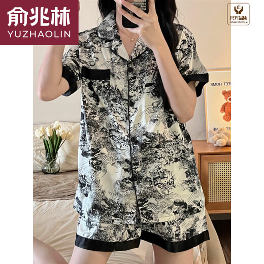 Yu Zhaolin (Yuzhaolin) Pyjamas für Frauen im Sommer Ice Seide Kurzhülse dünne Tinte Gemälde Süßes Großgröße Casual Silky Home Clothing Set Yx9214 XL (115-130) Jin [Jin gleich 0,5 kg]